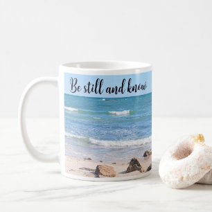 Ocean Photo Be Still Bible Verse Blue Coffee Mug