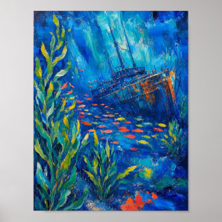 ocean plants fish sunken ship Abstract painting Poster