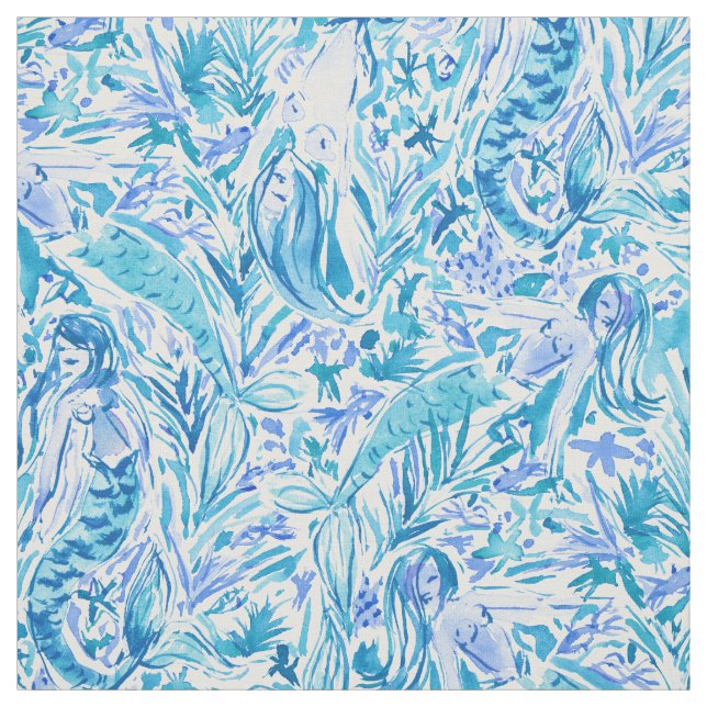 OCEAN PLAY Aqua Coastal Mermaid Print Fabric (Swatch)