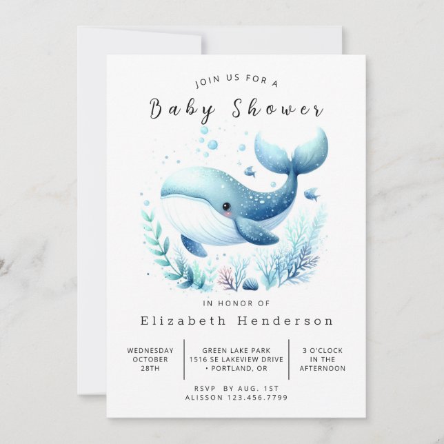 Ocean Printable Whale Baby Shower Invitation (Front)