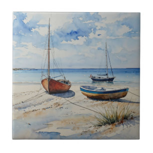"Ocean Retreat". A Colourful Serene Boat Seascape Ceramic Tile