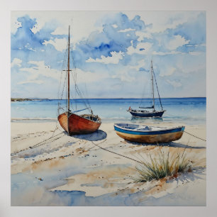"Ocean Retreat". A Colourful Serene Boat Seascape Poster