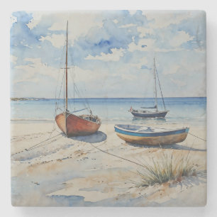 "Ocean Retreat". A Colourful Serene Boat Seascape Stone Coaster