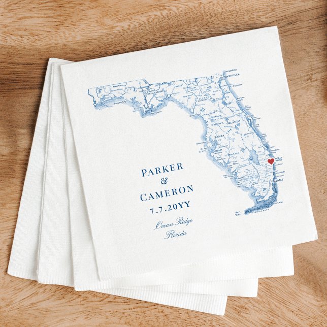 Ocean Ridge Florida Map Elegant Blue Wedding  Napkin (Ocean Ridge FL Map Wedding Cocktail Napkins in elegant blue from Coastal Map Designs )