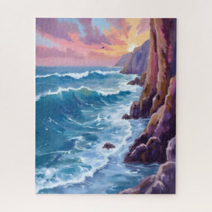 Ocean’s Breath   Rocky Sea Sunset Coast Watercolor Jigsaw Puzzle