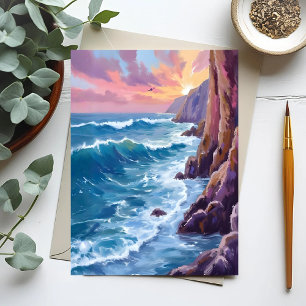 Ocean’s Breath   Rocky Sea Sunset Coast Watercolor Postcard