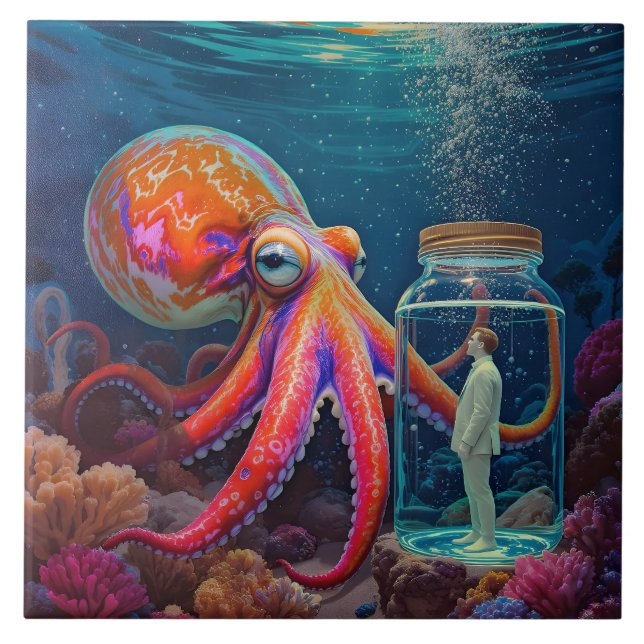 "Ocean’s Silent Captive" – Octopus Portrait Ceramic Tile (Front)