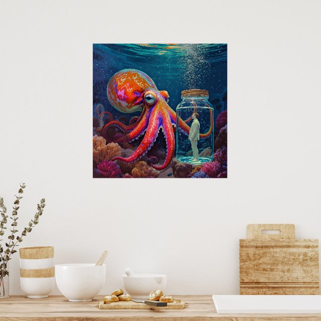 "Ocean’s Silent Captive" – Octopus Portrait Poster (Kitchen)