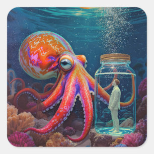 "Ocean’s Silent Captive" – Octopus Portrait Square Sticker