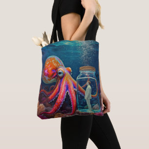 "Ocean’s Silent Captive" – Octopus Portrait Tote Bag