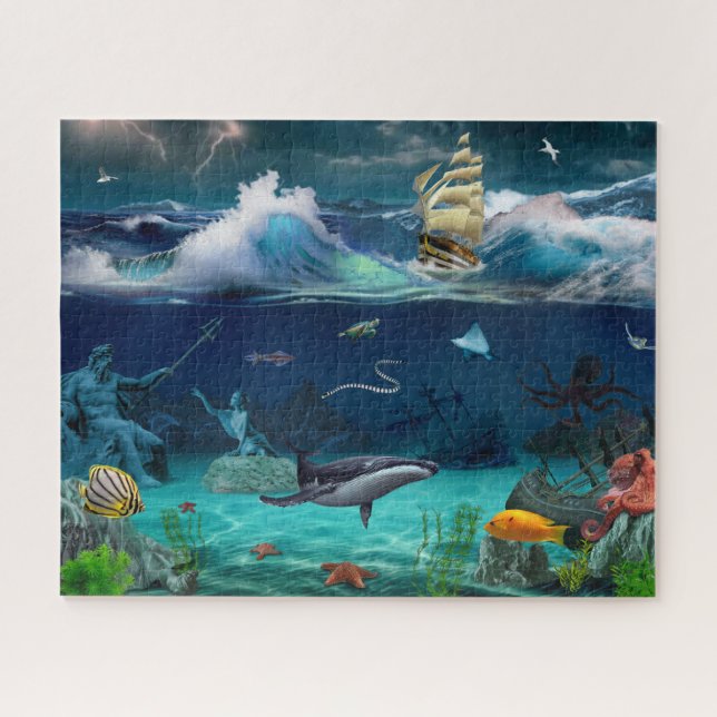 Ocean sailboat Sea animals fish whale marine  Jigsaw Puzzle (Horizontal)