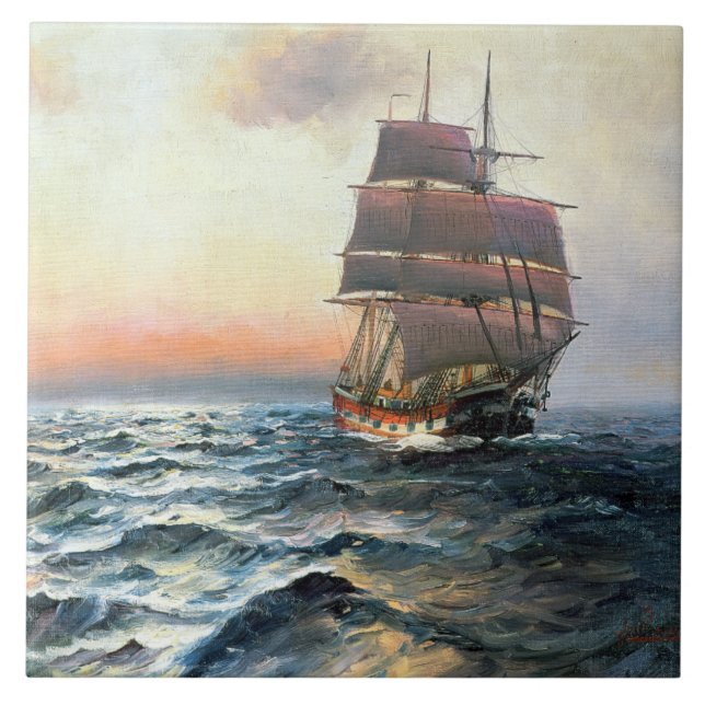 Ocean Sailing Clipper Ship Sea Waves Tile (Front)