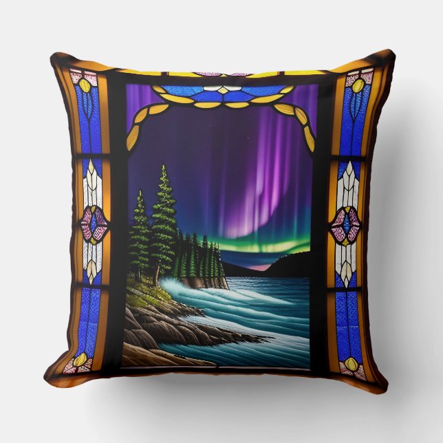 Ocean Scene and Colourful Aurora Display Cushion (Front)