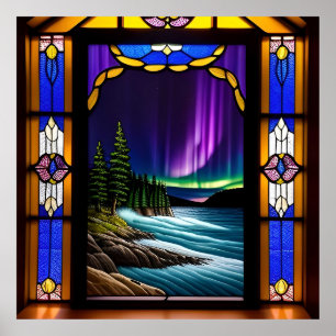 Ocean Scene and Colourful Aurora Display Poster