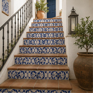 Ocean Scroll Hand Painted Blue Floral Watercolor Ceramic Tile