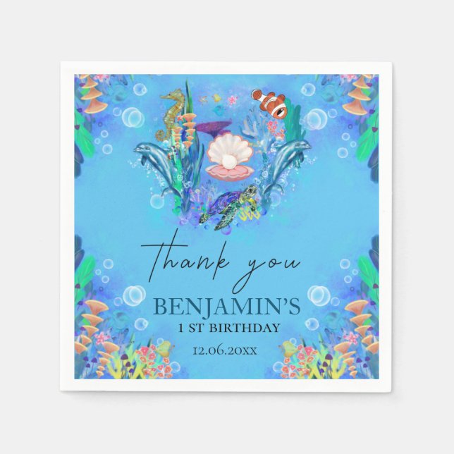 Ocean Sea Animals Wild One Birthday Napkins (Front)