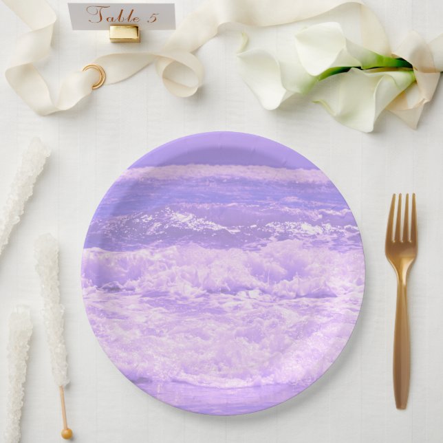 Ocean Sea Beach Purple Waves Water Paper Plate (Wedding)