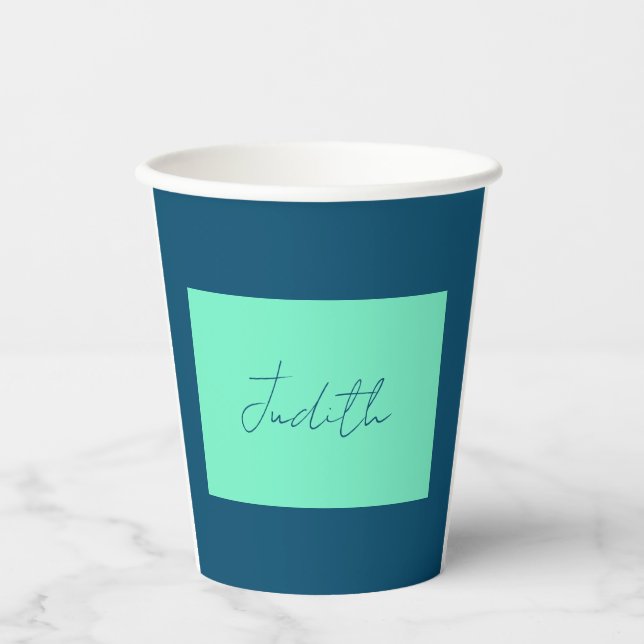 Ocean & Sea Blue Professional Calligraphy Add Name Paper Cups (Front)