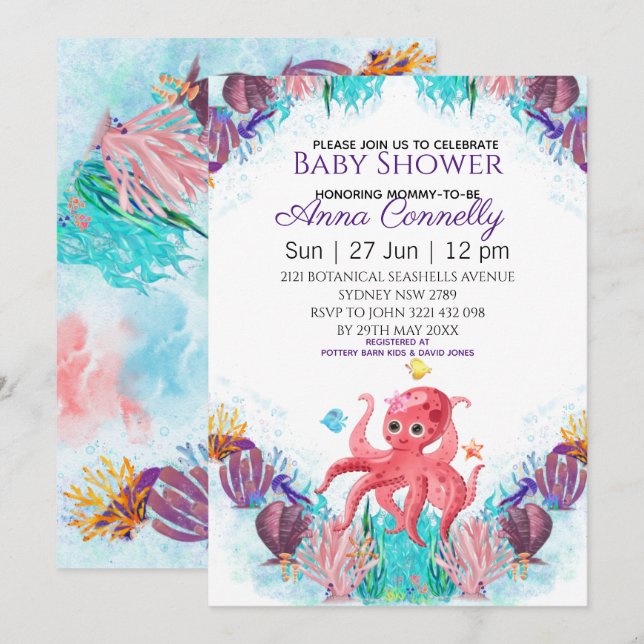 Ocean Sea Colourful Pink Octopus Baby Shower Invitation (Front/Back)