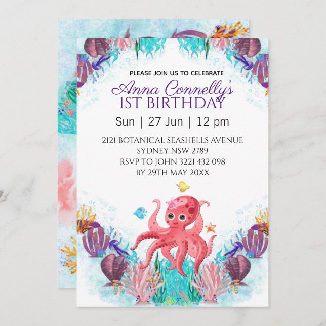 Ocean Sea Colourful Pink Octopus Birthday Invitation (Front/Back)