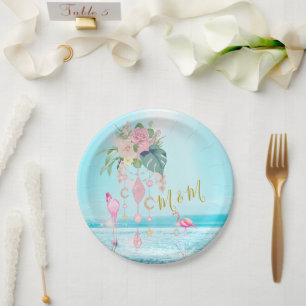 Ocean Sea Flamingo Floral Jewels Pink  Paper Plate