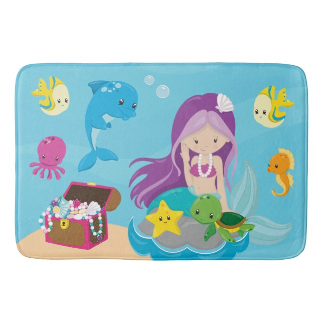 Ocean Sea Friends Cute Cartoon Mermaid & Treasure Bath Mat (Front)
