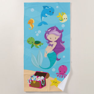 Ocean Sea Friends Cute Cartoon Mermaid & Treasure Beach Towel