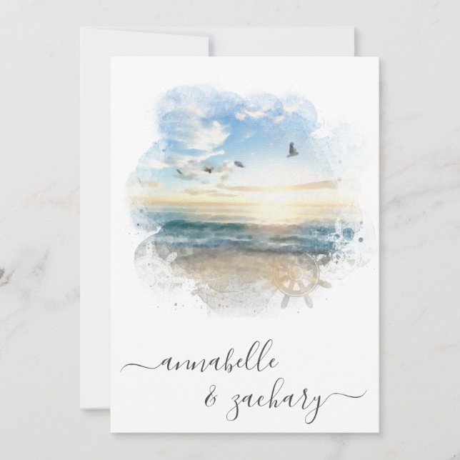 *~* Ocean Sea Helm RSVP - Beach QR AR7 Wedding Inv Invitation (Front)