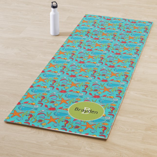 Ocean Sea Life Cute Fish Pattern Personalised Kids Yoga Mat (In Situ)