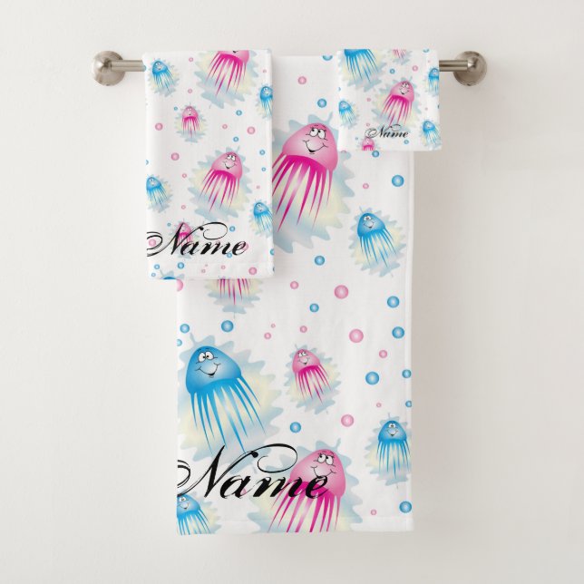 Ocean Sea Life Cute Jellyfish  Personalized Kids Bath Towel Set (Insitu)