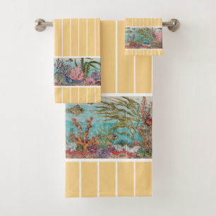 Ocean Sea Life Fish Gold Vintage Beach House Bath Towel Set