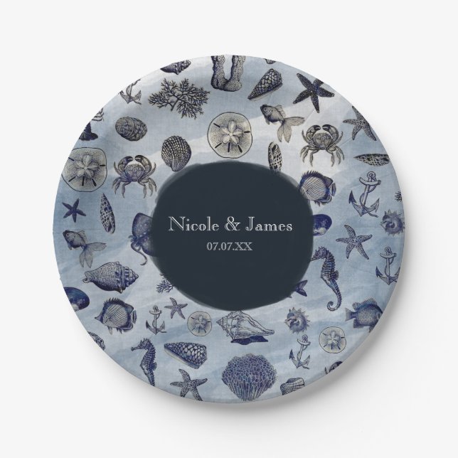 Ocean Sea Life Nautical Seashells Beach Wedding Paper Plate (Front)