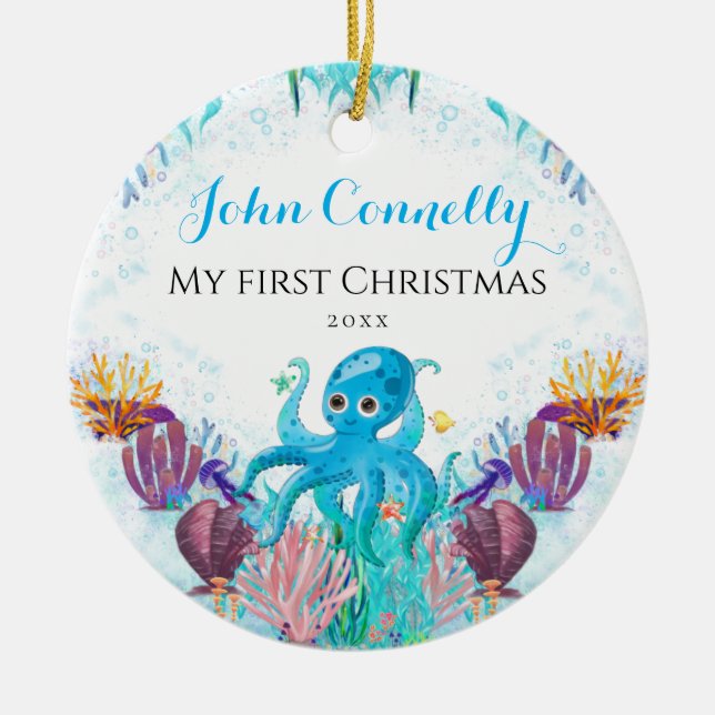 Ocean Sea Octopus Baby 1st Christmas Colourful Cer Ceramic Ornament (Front)