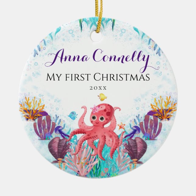 Ocean Sea Octopus Baby 1st Christmas Colourful Ceramic Ornament (Front)