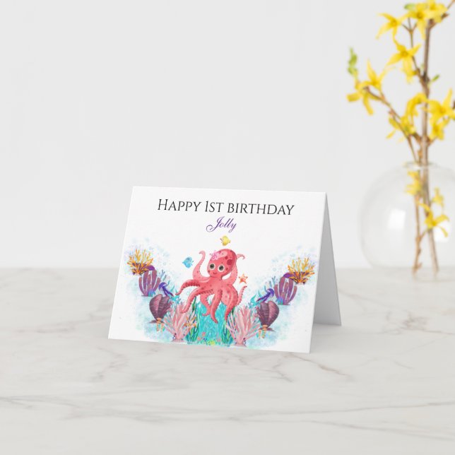 Ocean Sea Octopus baby Happy Birthday Card (Yellow Flower)