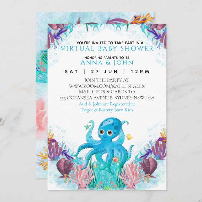 Ocean Sea Octopus colourful Virtual Baby Shower  I Invitation (Front/Back)