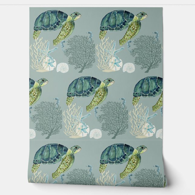 Ocean Sea Turtle Coral And Shells Wallpaper (Unrolling)