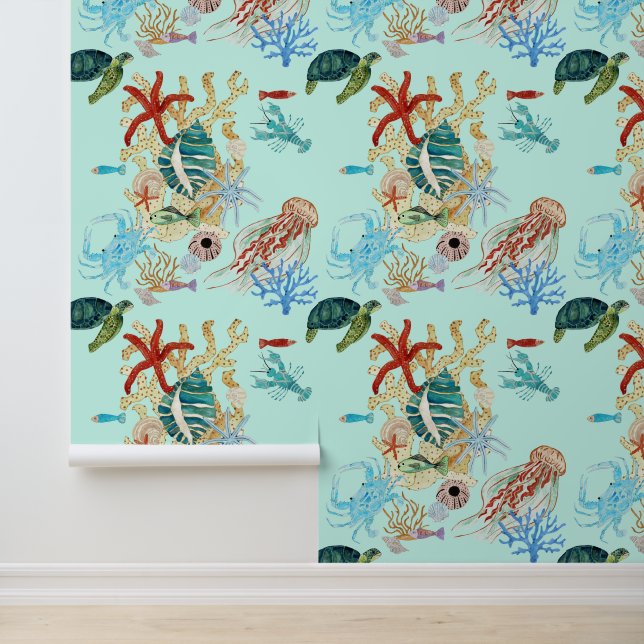 Ocean Sea Turtle Crab Starfish Watercolor Scene Wallpaper (Application)