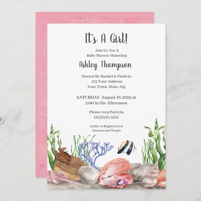 Ocean Sea Turtle Girls Baby Shower Invitation (Front/Back)