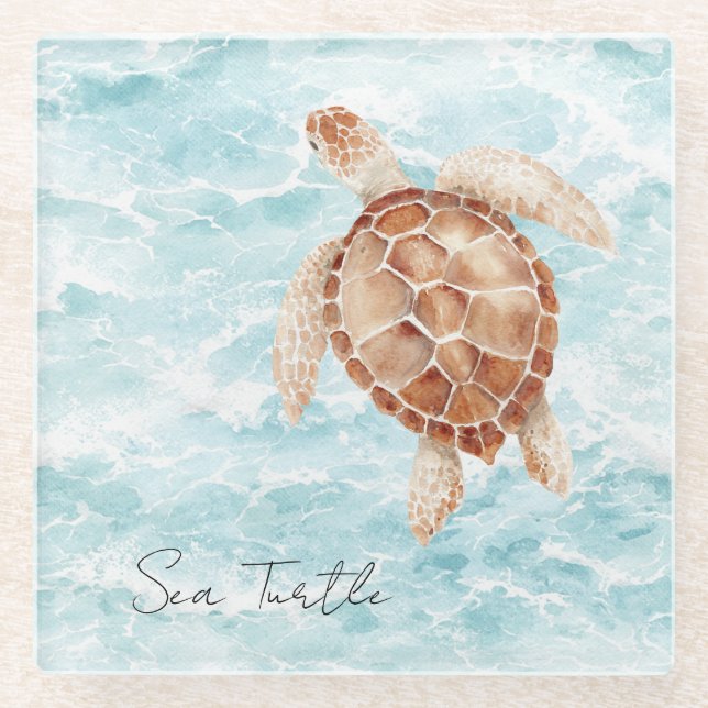 Ocean Sea Turtle Glass Coaster (Front)