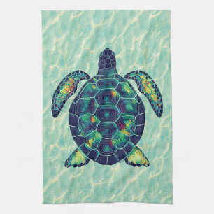 Ocean Sea Turtle Mosaic Water Ripple Art Tea Towel