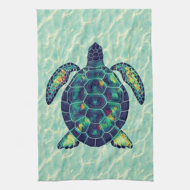 Ocean Sea Turtle Mosaic Water Ripple Art Tea Towel (Vertical)