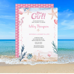 Ocean Sea Turtle Pink Girls Starfish Baby Shower Invitation