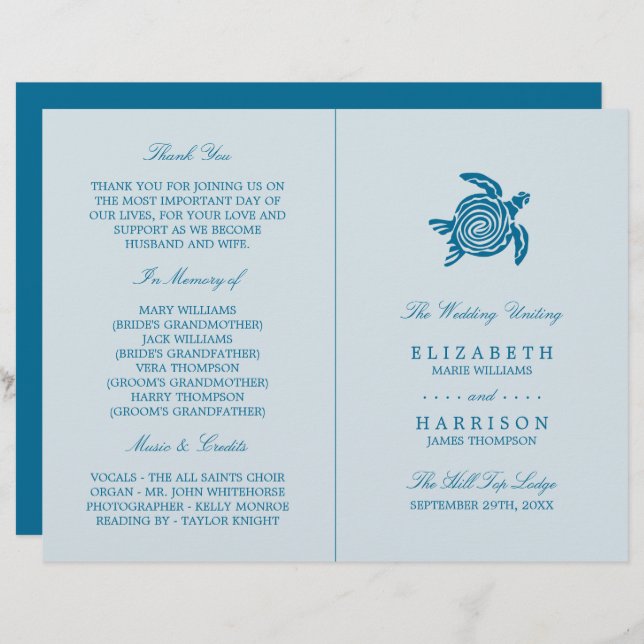 Ocean Sea Turtle, Sea Blue Beach Wedding Programme (Front/Back)