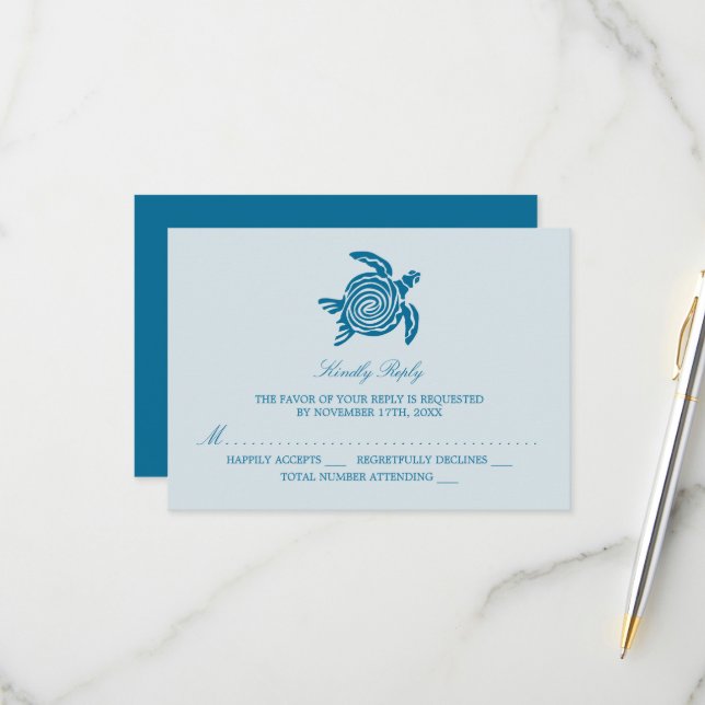 Ocean Sea Turtle, Sea Blue Beach Wedding RSVP Card (Front/Back In Situ)