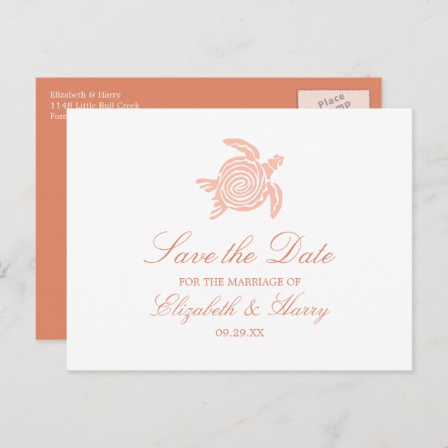 Ocean Sea Turtle, Soft Coral Beach Wedding Announcement Postcard (Front/Back)
