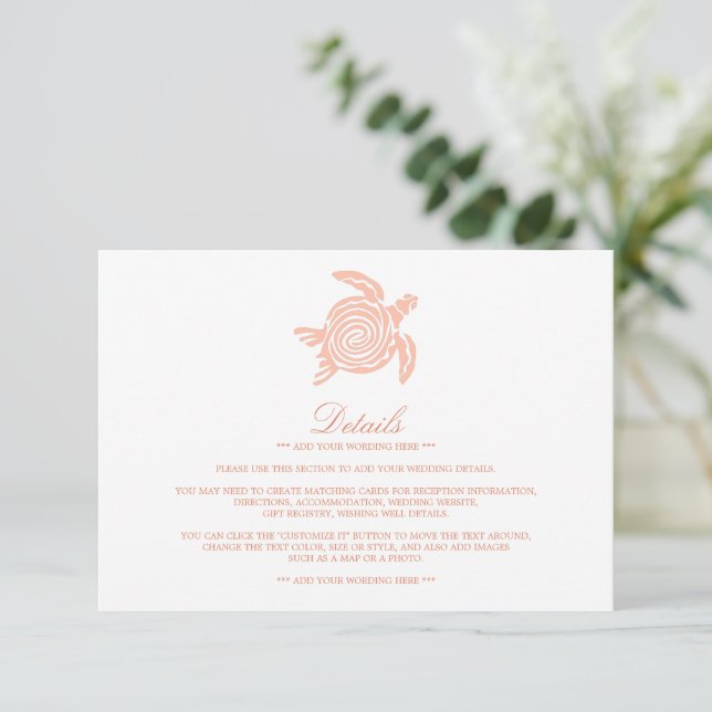 Ocean Sea Turtle, Soft Coral Beach Wedding Detail Enclosure Card (Standing Front)