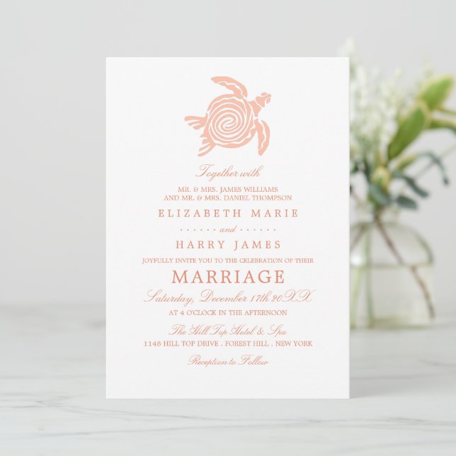 Ocean Sea Turtle, Soft Coral Beach Wedding Invitation (Standing Front)