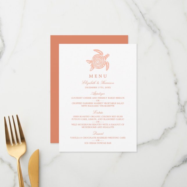 Ocean Sea Turtle, Soft Coral Beach Wedding Menu (Front/Back In Situ)