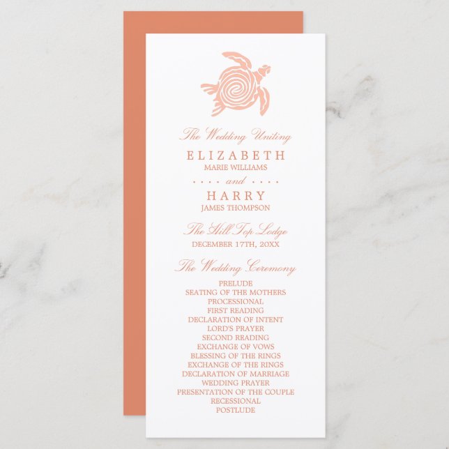 Ocean Sea Turtle, Soft Coral Wedding Program (Front/Back)